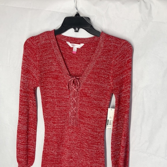 Relisted Red Ribbed metallic accent dress w lace up detail & stretch S M jrs - Picture 13 of 16